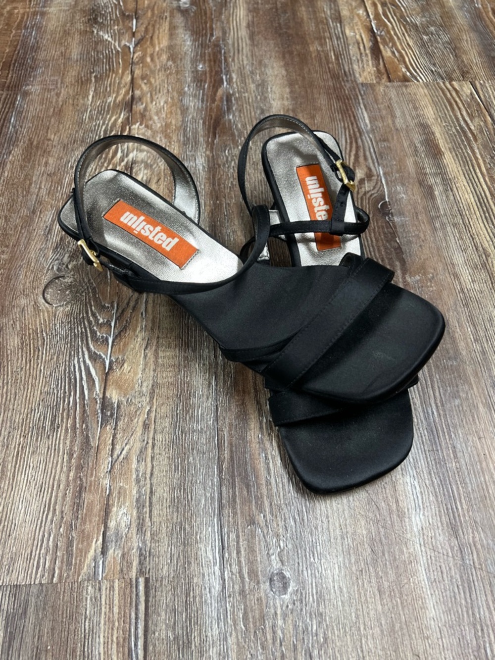 Vintage y2k Unlisted black satin kitten heel sandals with gold hardware